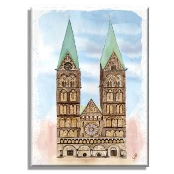 Leinwand 40 x 30 cm Keilrahmen Canvas-Leinen Aquarell Maritim Kunst Druck Kunstdruck Bremen Bremer Dom Souvenir Souvenirs